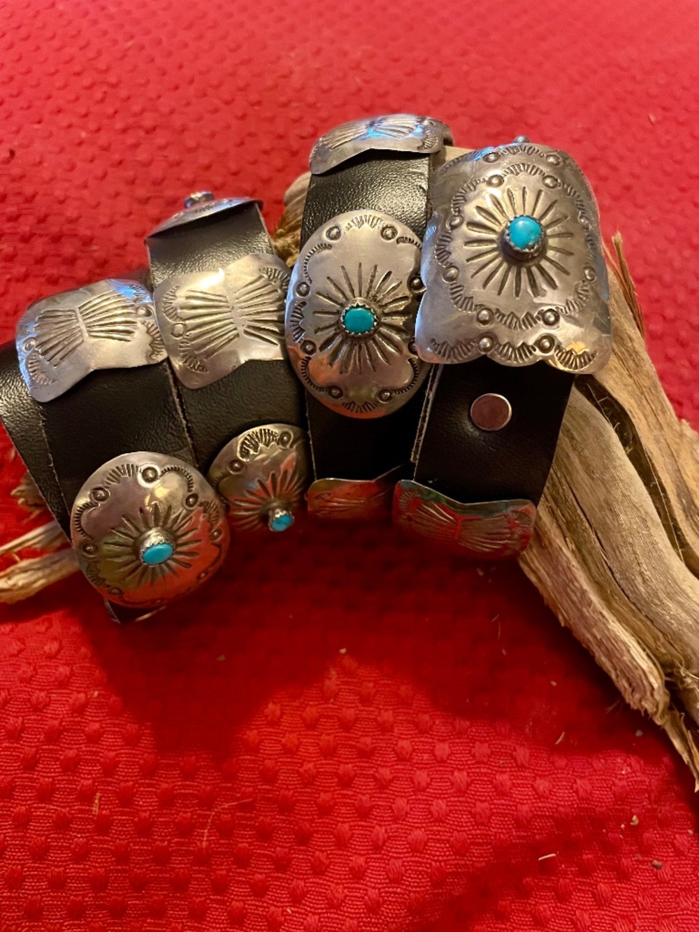 Vintage Native American Sterling Silver Turquoise Concho Belt